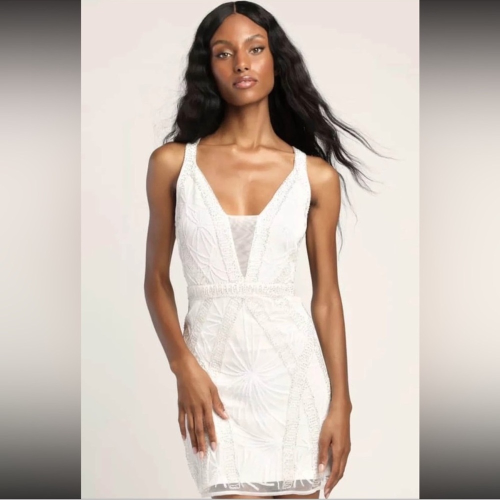 NWT S Love Romance White Beaded Sequin Cutout Mini Dress silver bride bridal